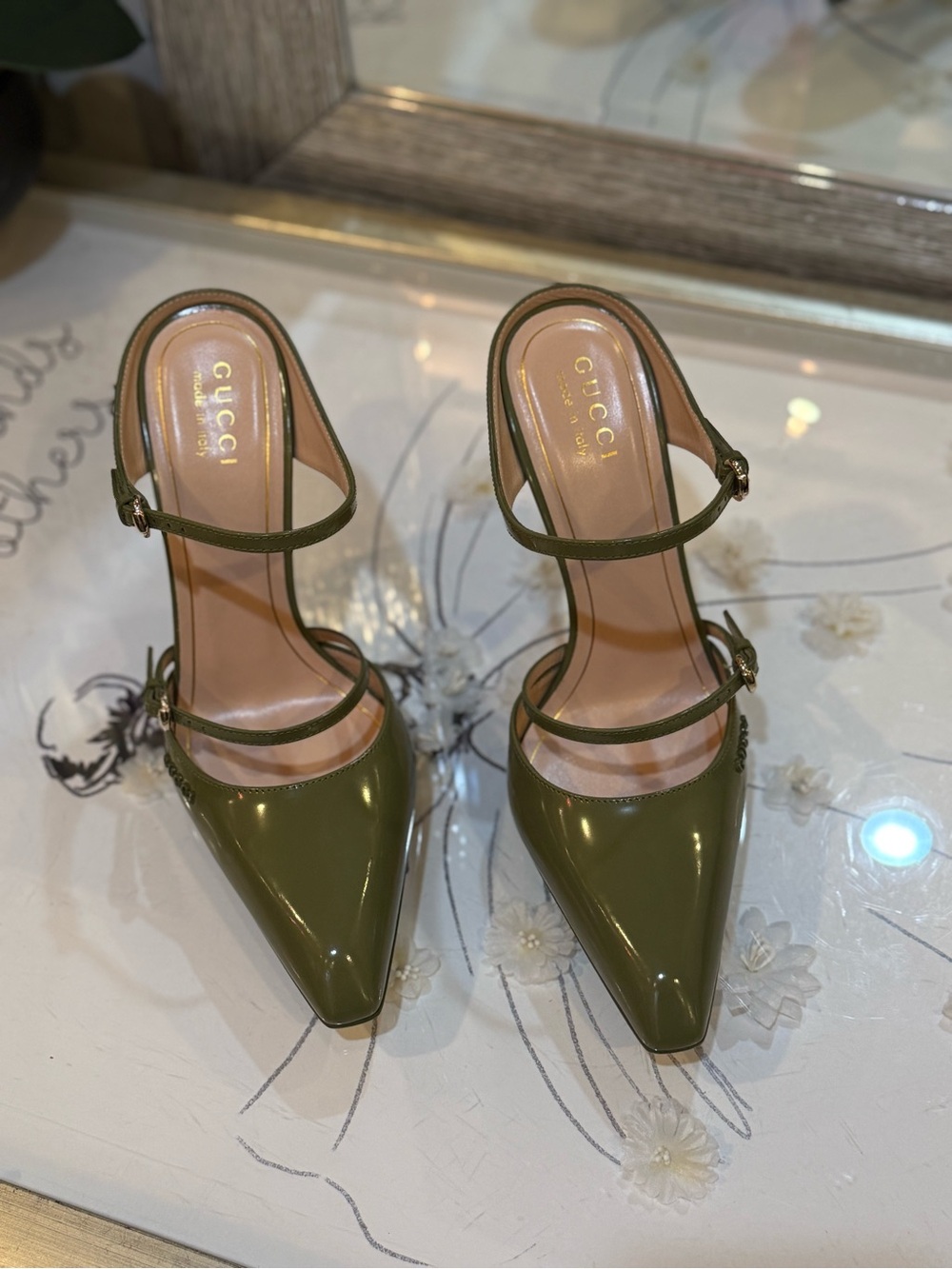 Gucci Olive Patent Leather Double-Strap Wedge Pumps - Picture 8 of 13